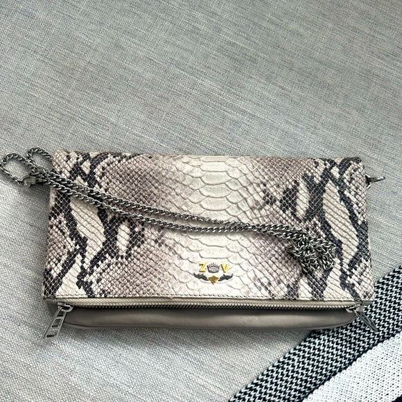 Zadig and Voltaire silver print leather clutch with silver chain option - Picture 1 of 2